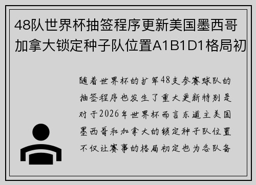 48队世界杯抽签程序更新美国墨西哥加拿大锁定种子队位置A1B1D1格局初定