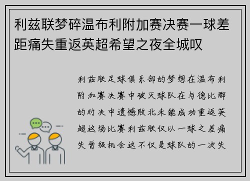 利兹联梦碎温布利附加赛决赛一球差距痛失重返英超希望之夜全城叹 利兹联梦碎温布利附加赛决赛一球差距痛失重返英超希望之夜全城叹